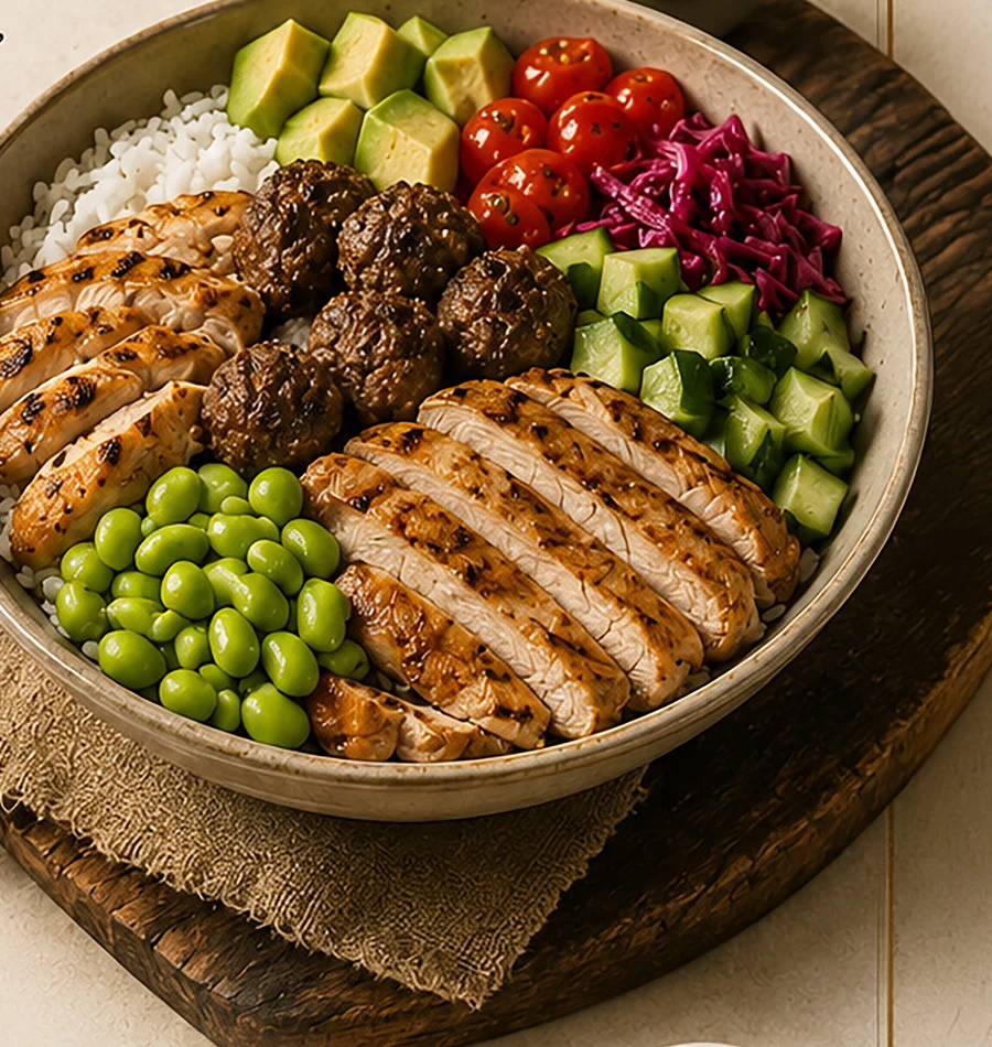 Izgara tavuk, avokado ve taze sebzelerle bowl