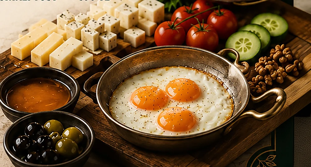 Sahanda yumurta, peynir ve zeytinlerle kahvaltı