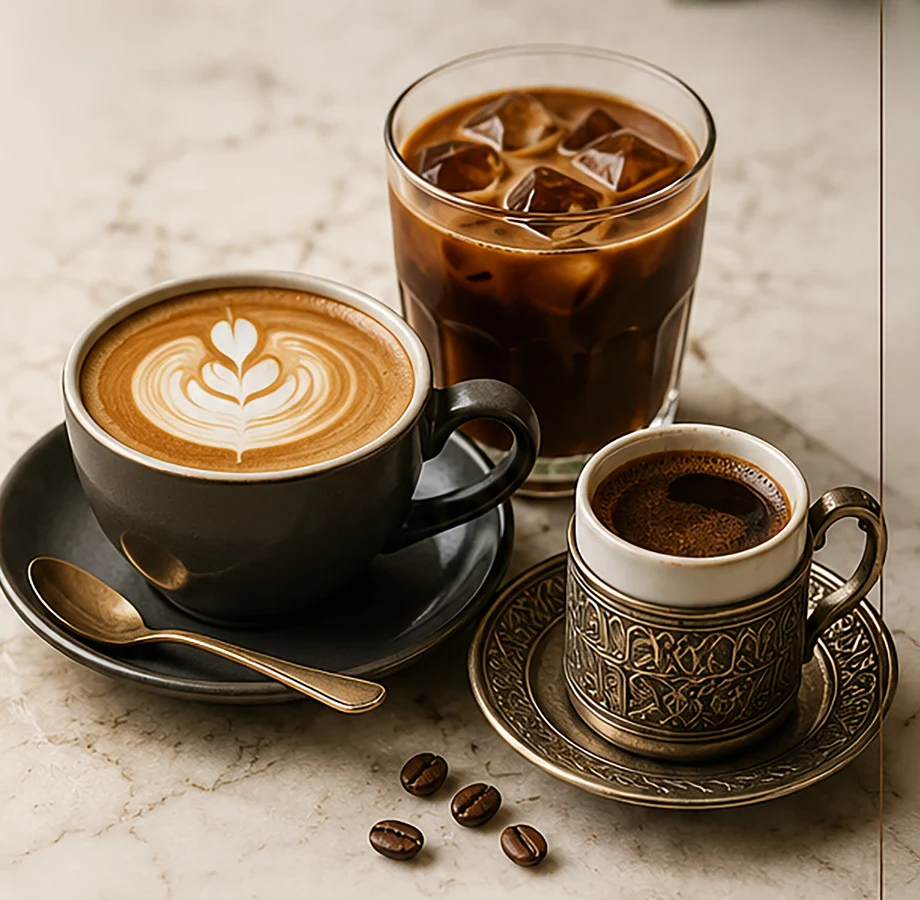 Latte, buzlu kahve ve Türk kahvesi